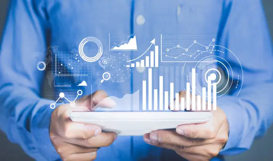 Data analytics dashboard with business performance charts, graphs, and KPI metrics displayed on a digital tablet.