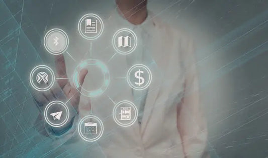 Operations management dashboard with digital workflow icons for planning, communication, finance, scheduling, and business processes.