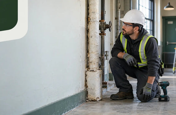 Canadian maintenance worker checking an older building area for potential asbestos hazards before starting work