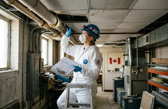 Canadian workplace safety inspector assessing an older building for asbestos compliance