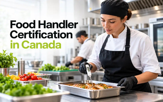 Food handler checking food temperature in a Canadian commercial kitchen.