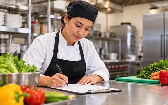 Food handler completing a food safety practice assessment in a clean commercial kitchen in Canada. 