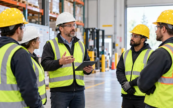 Manager leading a workplace safety discussion with employees in a Canadian work environment.