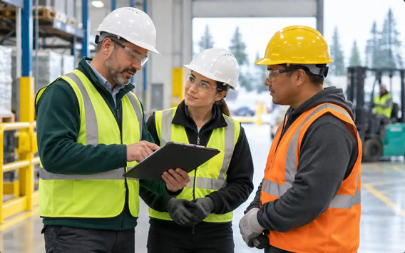 Three workplace supervisors and employees in high-visibility safety gear reviewing a safety checklist together in a clean warehouse environment. 