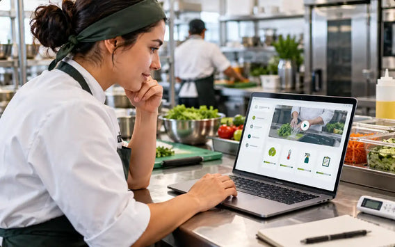 Food-service employee completing online food handler certification training on a laptop in a Canadian commercial kitchen.