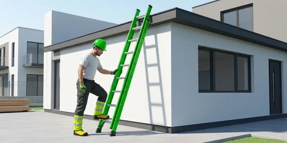 Extension ladder safety illustration showing a worker properly setting up an extension ladder using safe workplace practices.