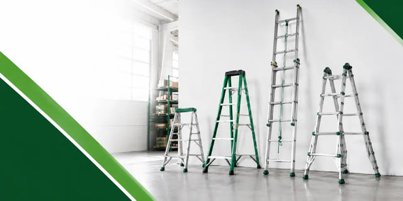 types of ladders used in workplace safety environment showing step ladder and extension ladder in professional setting