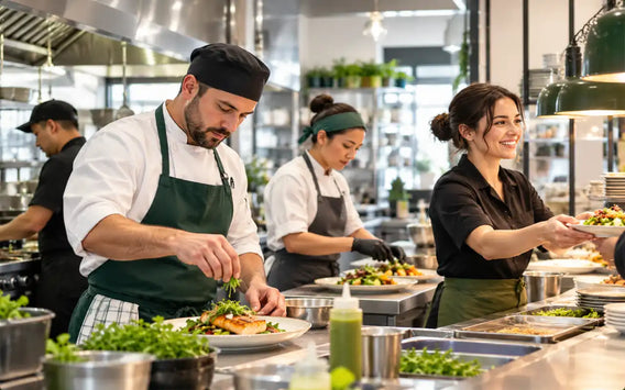Canadian food-service workers preparing and serving food in a commercial kitchen.