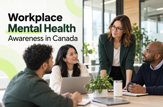 Canadian employees and a manager discussing workplace mental health awareness in a supportive office environment.