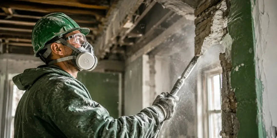 asbestos exposure in construction site showing worker wearing protective mask during renovation of old building with dust risk