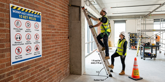 a man climbing on a ladder hooked up in a wall working in a workplace
