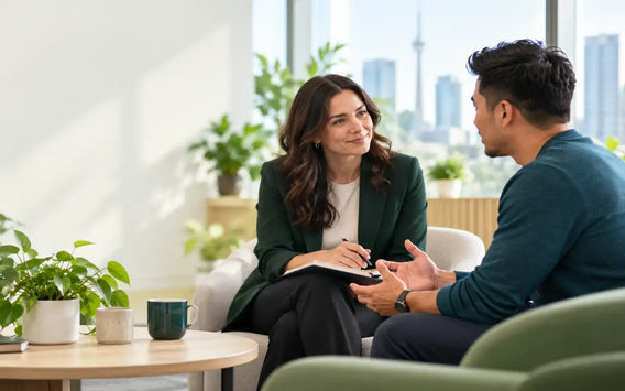 Manager listening to an employee during a supportive workplace mental health conversation. 