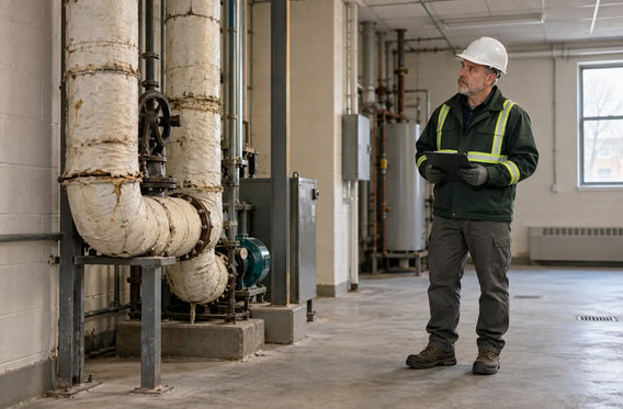 Canadian construction worker pausing before renovation work in an older building after noticing material that may contain asbestos