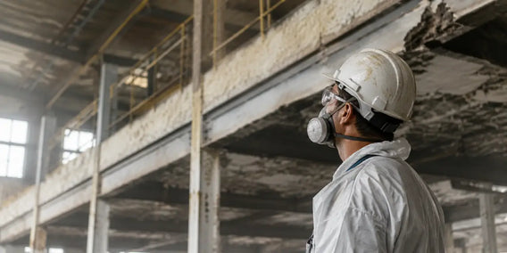 asbestos hazards in the workplace showing industrial worker inspecting old building with protective safety equipment