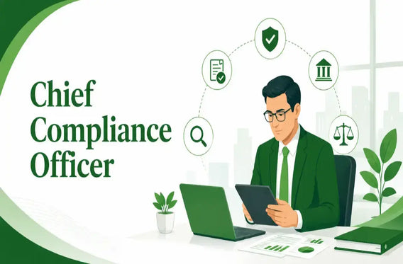 Chief Compliance Officer illustration showing a compliance executive reviewing regulatory compliance and corporate governance reports.