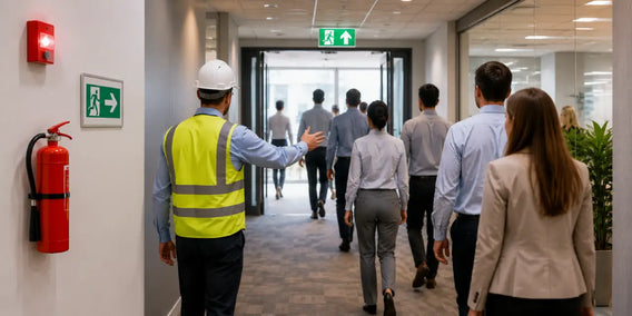 Employees evacuating a workplace during a fire safety emergency with visible exit signs and fire alarm