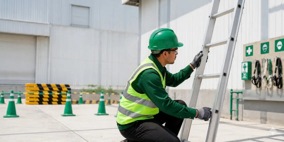 ladder safety tips showing worker inspecting ladder before use in workplace safety environment with proper safety check