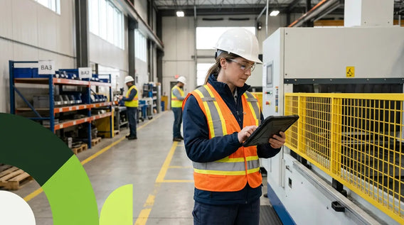 Safety professional conducting a workplace inspection in a Canadian industrial facility.