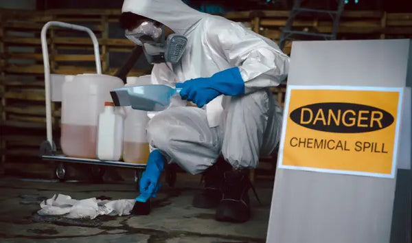 Chemical spill response training with worker in protective PPE safely cleaning a hazardous chemical spill