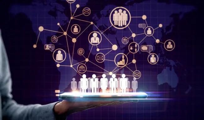 Digital HR crisis communication network connecting employees, teams, and global communication channels for effective workforce management.