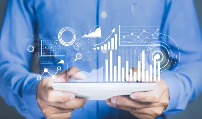 Data analytics dashboard with business performance charts, graphs, and KPI metrics displayed on a digital tablet.