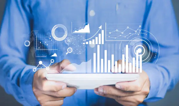 Data analytics dashboard with business performance charts, graphs, and KPI metrics displayed on a digital tablet.