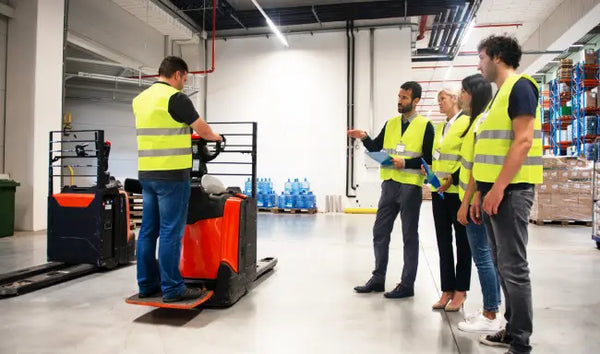 Forklift Training participants learning safe forklift operation and warehouse handling in a modern logistics facility