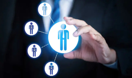 Business leader managing a connected team through digital leadership and management technology