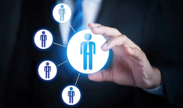 Business leader managing a connected team through digital leadership and management technology
