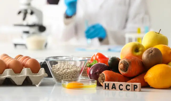 Level 3 HACCP food safety inspection with fresh ingredients, laboratory testing, and quality assurance for food production and compliance.