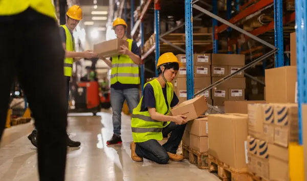 Logistic Management professionals organizing warehouse inventory and handling goods in a modern distribution center.