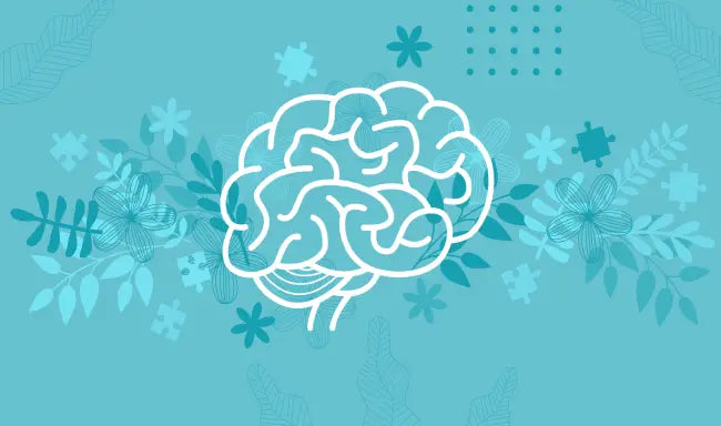 Mental health first aid concept with brain illustration, floral elements, and puzzle pieces representing cognitive wellness, support, and healing.