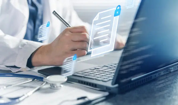 Healthcare professional accessing secure digital patient records to ensure patient privacy and confidentiality