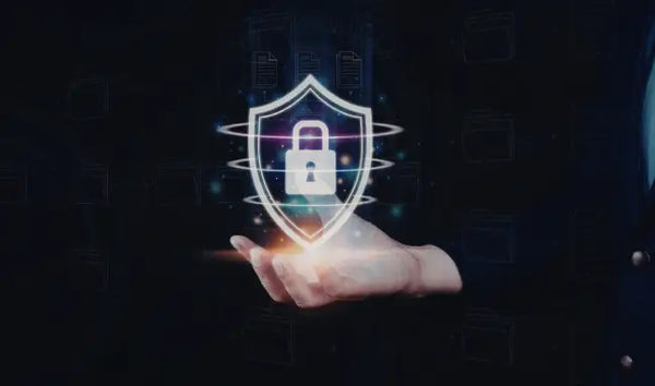 Security management concept with digital shield, padlock icon, and data protection interface representing cybersecurity and information security.