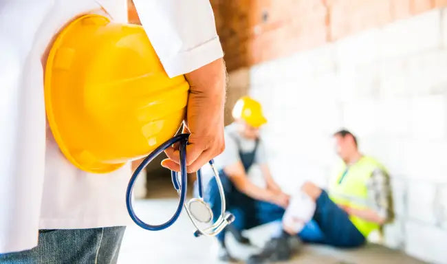Workplace health and safety professional with hard hat and stethoscope assisting injured construction workers during a site safety assessment.