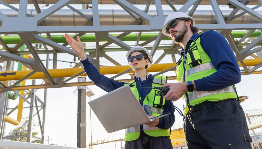 Workplace Inspections online course cover showing Canadian safety inspectors reviewing hazards and inspection data at an industrial worksite.